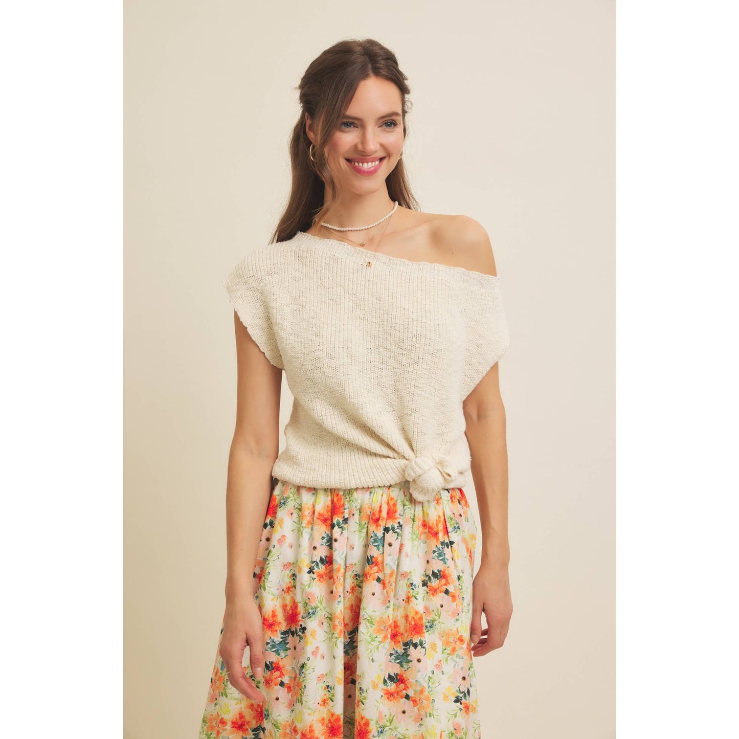 SLUB TEXTURED LIGHTWEIGHT ONE-SHOULDER SWEATER TOP