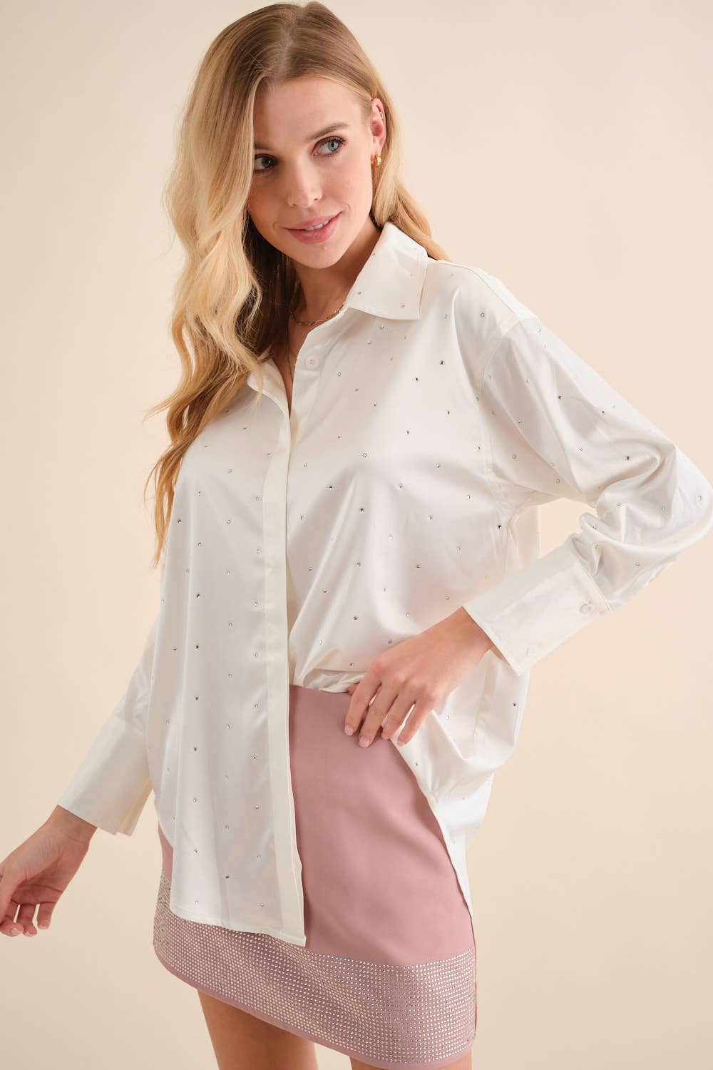 Satin Woven Rhinestone Studded Gem Sparkle Shirt