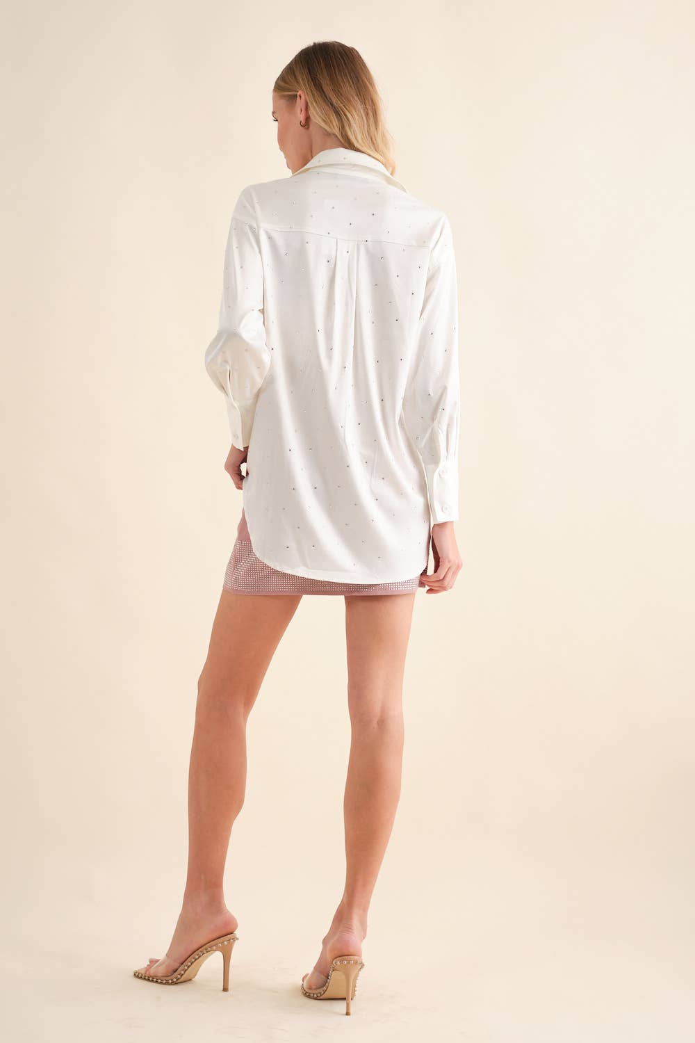Satin Woven Rhinestone Studded Gem Sparkle Shirt