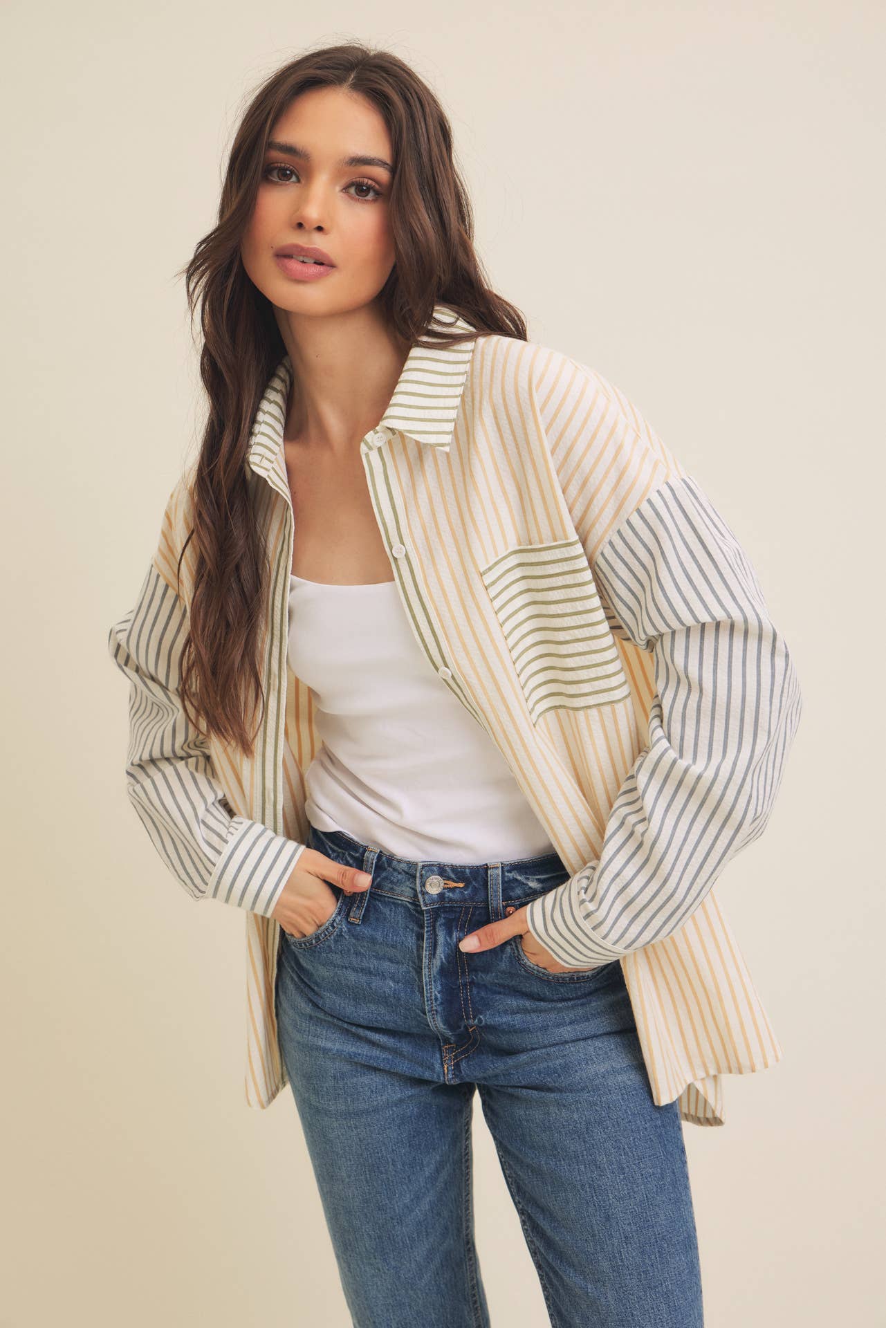 MIXED STRIPE BUTTON DOWN SHIRT