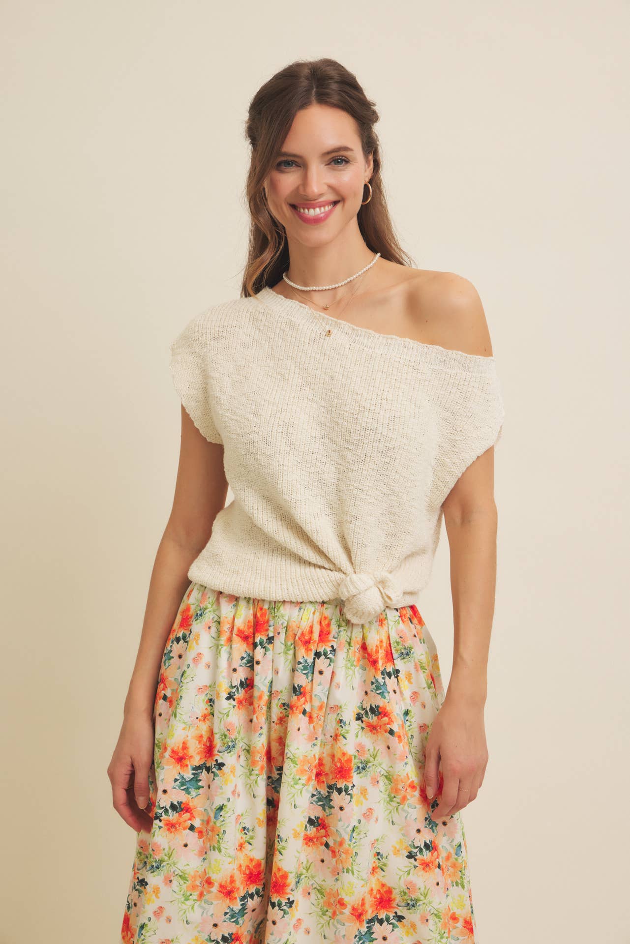 SLUB TEXTURED LIGHTWEIGHT ONE-SHOULDER SWEATER TOP