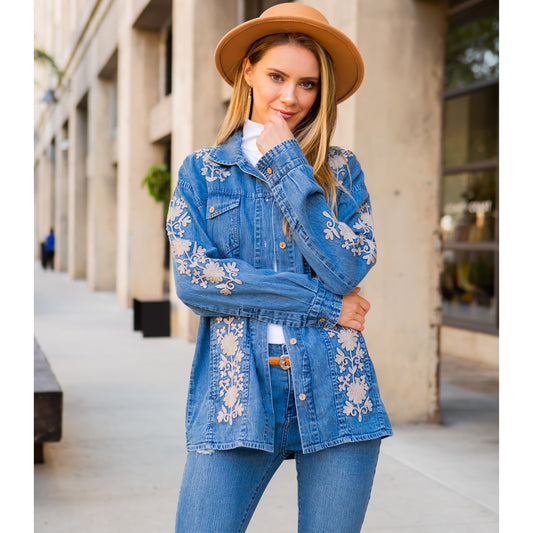 Long Sleeve Button Down Embroidery Western Denim Jacket